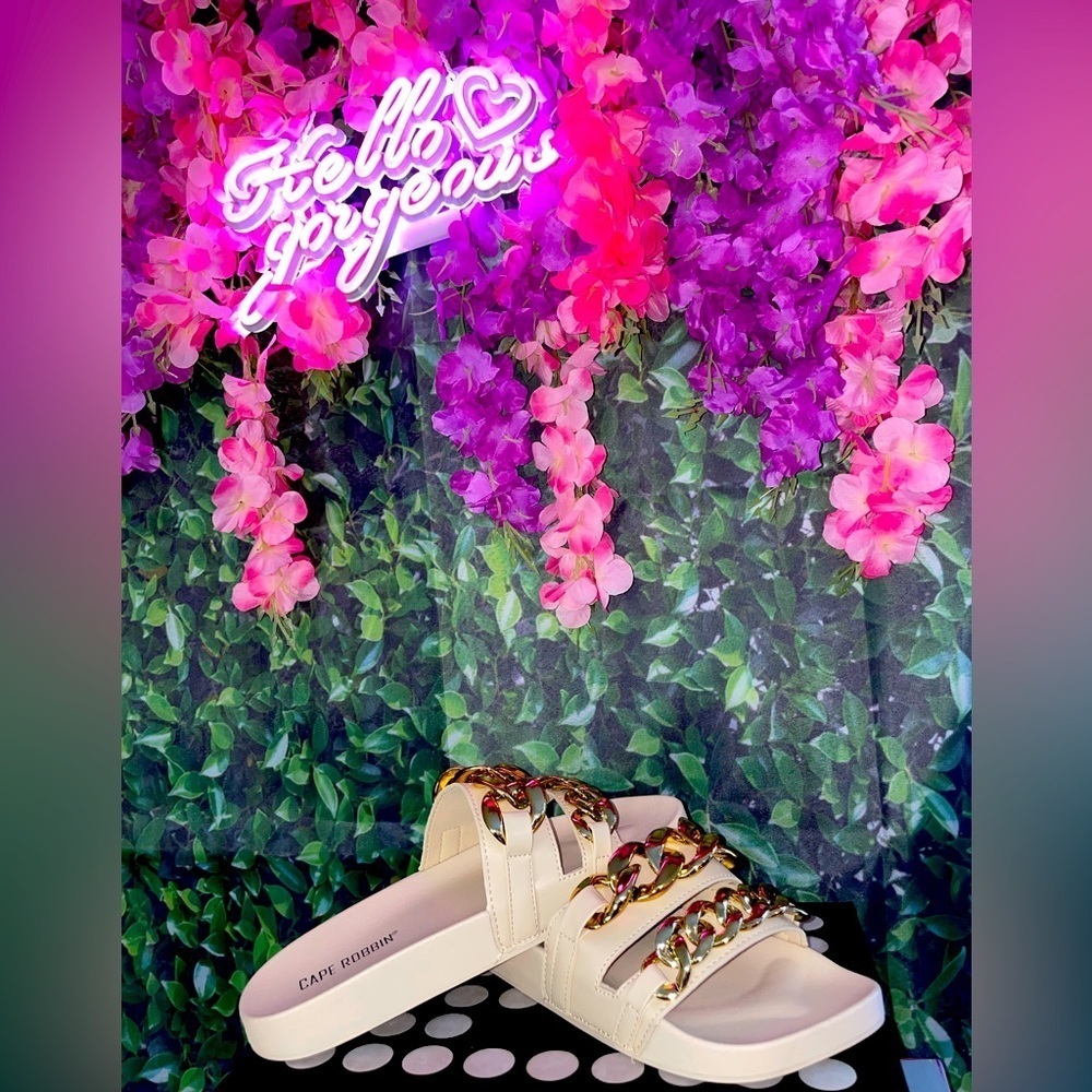 Off White Gold Chain Slip On Sandals